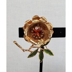 Vtg 1960's Sarah Coventry Gold Tone Green Enamel Orange Rhinestone Flower Brooch